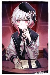  1girl absurdres beret black_hat black_ribbon black_shirt commentary_request dated flower hair_flower hair_ornament hair_ribbon hat highres holding holding_pen long_sleeves mahou_shoujo_no_majo_saiban multicolored_hair natch paper pen pink_eyes pink_streaks ribbon sakuraba_ema shirt short_hair solo streaked_hair white_flower white_hair writing x_hair_ornament 