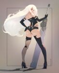  1girl absurdres ass blue_eyes breasts elbow_gloves facing_away gloves hand_on_own_hip high_heels highres holding holding_sword holding_weapon hood huge_weapon long_hair looking_at_viewer looking_back nier:automata nier_(series) planted planted_sword ragnarathered solo sword thighs weapon white_hair yorha_type_a_no._2 