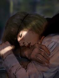  1boy badeni black_tabard blonde_hair chi.:_chikyuu_no_undou_ni_tsuite crack_of_light eyepatch fingernails highres k05062688 lips male_focus medium_hair nose scar scar_on_face scar_on_lip scar_on_mouth scar_on_nose sleeping solo tabard tonsure 