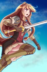  1girl absurdres animal_ear_fluff animal_ears armor armored_boots artist_name black_dress blue_outline blue_sky blunt_bangs boots breastplate breasts brown_boots brown_gloves brown_hair clouds cloudy_sky commentary dress elbow_gloves english_commentary full_body gloves grey_armor hand_up highres holding holding_sword holding_weapon kaije7 long_hair long_sleeves medium_breasts metal_arm_cuffs metal_hair_tubes metal_wrist_cuffs mixed-language_commentary neck_ribbon open_mouth outline pauldrons pink_eyes pinstripe_dress pinstripe_pattern raccoon_ears raccoon_girl raccoon_tail raphtalia red_dress red_ribbon ribbon short_dress shoulder_armor signature single_pauldron sky sleeveless sleeveless_dress solo straight_hair sword tail tate_no_yuusha_no_nariagari thigh_boots tongue two-tone_dress watermark weapon white_dress 