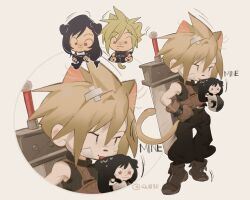  1boy 1girl 4k1030 animal_ears baggy_pants bandaid bandaid_on_head black_hair black_pants blonde_hair blue_eyes boots brown_boots brown_gloves buster_sword cat_ears cat_tail cloud_strife final_fantasy final_fantasy_vii final_fantasy_vii_remake gloves hand_on_own_hip highres kemonomimi_mode licking motion_lines multiple_views pants red_eyes ribbed_sweater sleeveless sleeveless_turtleneck spiky_hair star-shaped_pupils star_(symbol) sweater sword sword_on_back symbol-shaped_pupils tail tifa_lockhart tongue tongue_out turtleneck turtleneck_sweater twitter_username weapon weapon_on_back 