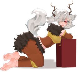  1girl animal_ears antlers barefoot brown_leggings commentary commission crescent crescent_necklace cyadraws english_commentary feet fur_collar highres horns jewelry leggings necklace red_eyes short_hair soles solo_focus spooky's_house_of_jump_scares tail tirsiak toes torn_clothes torn_leggings white_hair 