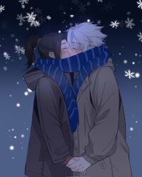  1boy 1girl black_coat black_hair bleach bleach:_sennen_kessen-hen blue_scarf brown_coat coat commentary english_commentary hand_grab hatching_(texture) hetero highres hitsugaya_toushirou hood hooded_coat kiss kurosaki_karin ponytail scarf shared_clothes shared_scarf silegesi snowflakes snowing striped_clothes striped_scarf white_hair 