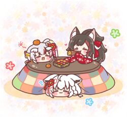  3girls :3 :d =_= absurdres animal_ear_fluff animal_ears ayafubumi_(hololive) black_hair blush_stickers braid chibi closed_eyes closed_mouth colored_shadow commentary_request eating floral_background floral_print food food_on_head food_request fox_ears fruit grey_hair highres hololive horns japanese_clothes kimono kotatsu long_sleeves mandarin_orange mitarashi_neko multicolored_hair multiple_girls nakiri_ayame object_on_head oni ookami_mio ponytail print_kimono red_hair red_kimono shadow shirakami_fubuki sleeves_past_fingers sleeves_past_wrists smile streaked_hair table under_kotatsu under_table virtual_youtuber wide_sleeves wolf_ears 