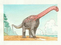  animal_focus beach black_skin border cetiosaurus closed_mouth clouds colored_skin commentary dinosaur highres looking_at_viewer multicolored_skin no_humans original painting_(medium) paleoart red_skin sauropod shin'ichiroo traditional_media tree two-tone_skin watercolor_(medium) 