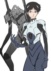  1boy black_hair blue_bodysuit bodysuit closed_mouth eva_01 evangelion_(mecha) highres ikari_shinji interface_headset_(evangelion) looking_at_viewer male_focus mecha_pilot_suit neon_genesis_evangelion outline plugsuit_(evangelion) popo92_z short_hair simple_background white_background white_outline 