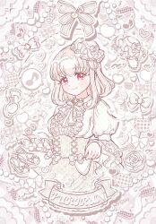  1girl alternate_costume blush_stickers bob_cut bow bowtie center_frills character_name closed_mouth commentary dress dress_bow eighth_note flower frilled_hat frilled_sleeves frills hat heart highres keplerlovelive kimi_to_idol_precure lolita_fashion long_sleeves looking_at_viewer mini_hat musical_note pink_eyes precure purirun_(precure) ribbon rose sandals short_hair smile solo sparkle spoken_musical_note tanaka_purin tilted_headwear white_bow white_bowtie white_dress white_flower white_rose white_theme wide_sleeves 