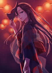  1girl 1other adapted_costume alternate_costume black_hair black_kimono breasts brown_hair closed_mouth eyelashes floral_print floral_print_kimono fox_mask genderswap genderswap_(mtf) grey_shawl hair_between_eyes hair_down hair_ribbon half_updo holding holding_hands holding_mask japanese_clothes kimono lantern long_hair looking_at_viewer looking_back mask medium_breasts miu_vocalo modao_zushi night obi official_alternate_hairstyle open_mouth out_of_frame outdoors paper_lantern pov pov_hands print_kimono red_ribbon red_sash ribbon sash see-through_clothes shawl sidelocks sky_lantern smile solo_focus standing twitter_username unworn_mask violet_eyes watermark wei_wuxian wei_wuxian_(yiling_laozu) wide_sleeves yukata 