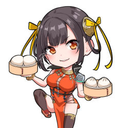  1girl bamboo_steamer black_hair black_thighhighs blunt_bangs blush bow breasts chibi chibi_only china_dress chinese_clothes commentary_request dress dual_wielding food foot_out_of_frame hair_bow hair_ribbon hair_rings heaven_burns_red holding holding_bamboo_steamer large_breasts li_yingxia looking_at_viewer medium_hair noir_(nowaru) orange_dress orange_eyes parted_lips pelvic_curtain ribbon sidelocks signature simple_background skindentation sleeveless sleeveless_dress smile smug solo standing standing_on_one_leg steamed_bun thigh-highs thighs v-shaped_eyebrows white_background yellow_bow yellow_ribbon 