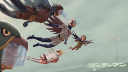  1girl 4boys blue_visor boots capelet clouds cloudy_sky de4d_fish flying freefall gatchaman helmet highres jinpei_the_swallow joe_the_condor jun_the_swan ken_the_eagle logo multiple_boys orange_visor radio_antenna realistic ryu_the_owl science_fiction sky superhero_costume title 