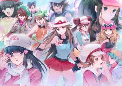  6+girls :d ;d bandana beanie black_hair black_shirt brown_eyes brown_hair bucket_hat cardigan closed_mouth commentary_request donutous dress eyewear_on_headwear female_protagonist_(pokemon_ww) gloria_(pokemon) gloves green_bandana green_hair green_hat grey_cardigan hair_ornament hairclip hand_up hat hikari_(pokemon) hilda_(pokemon) holding holding_poke_ball juliana_(pokemon) kris_(pokemon) leaf_(pokemon) long_hair lyra_(pokemon) may_(pokemon) multiple_girls one_eye_closed open_mouth pleated_skirt poke_ball poke_ball_(basic) pokemon pokemon_bw pokemon_bw2 pokemon_dppt pokemon_emerald pokemon_frlg pokemon_gsc pokemon_hgss pokemon_platinum pokemon_rse pokemon_sm pokemon_sv pokemon_swsh pokemon_ww pokemon_xy red_skirt rosa_(pokemon) scarf selene_(pokemon) serena_(pokemon) shirt sidelocks skirt sleeveless sleeveless_shirt smile sunglasses tam_o'_shanter white_hat wristband yellow_shirt 