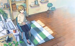  1girl black_pants blue_eyes book camera carpet chair closed_mouth coffee coffee_mug collarbone computer_mouse cup denim desk_lamp earrings english_commentary highres holding holding_book indoors instrument jeans jewelry keyboard_(instrument) lamp monitor mug original otomica pants plant potted_plant short_hair sitting smile solo sweater white_sweater 