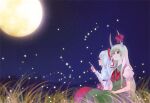  2girls black_sky bow closed_mouth collared_dress commentary dress ex-keine feet_out_of_frame fireflies fujiwara_no_mokou full_moon grass green_dress green_hair hair_bow horn_bow horn_ornament horns kamishirasawa_keine kanon_(rsl) long_bangs long_hair long_sleeves looking_afar medium_bangs moon multicolored_hair multiple_girls neckerchief night outdoors pants puffy_short_sleeves puffy_sleeves red_bow red_eyes red_neckerchief red_pants shirt short_sleeves sidelocks sitting sky smile star_(sky) starry_sky touhou two-tone_hair white_bow white_hair white_shirt 