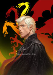  1boy a_knight_of_the_seven_kingdoms a_song_of_ice_and_fire aerion_targaryen artist_name black_background commentary constricted_pupils dragon_background draw_souls english_commentary from_side gradient_background male_focus parted_lips patreon_username short_hair sideways_glance solo upper_body web_address white_hair 