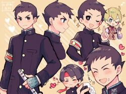  3boys ace_attorney armband black_eyes black_hair black_jacket blonde_hair blue_eyes blush chibi chibi_inset closed_eyes closed_mouth food food_on_face gakuran hat heart herlock_sholmes highres holding holding_food holding_weapon index_finger_raised jacket kazuma_asogi long_sleeves male_focus multiple_boys multiple_views one_eye_closed onigiri open_mouth red_hat rice rice_on_face ryunosuke_naruhodo school_uniform simple_background sparkle the_great_ace_attorney translation_request weapon yataba 