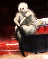  1girl ariane_yeong awwxhf black_hands colored_extremities colored_skin dress expressionless full_body highres knee_up looking_at_viewer multicolored_skin red_eyes signalis sitting solo two-tone_skin white_dress white_hair 