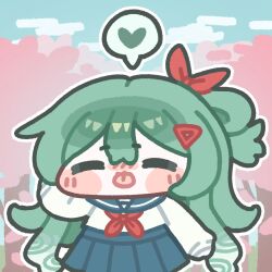  1girl arm_behind_head blue_skirt chibi chibi_only commentary_request facing_viewer green_hair hair_between_eyes heart korean_commentary long_hair monyami neckerchief outline pleated_skirt red_neckerchief red_ribbon ribbon sailor_collar school_uniform serafuku skirt solo spoken_heart suro_(trickcal) tongue tongue_out trickcal white_outline 