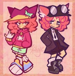  1boy 1girl :d alternate_hair_length alternate_hairstyle androgynous animal_ear_fluff animal_ears animal_hat animification artist_name back-to-back black_hat black_necktie black_shoes black_shorts blue_shoes blush border bow cat_boy cat_ears cat_hat collared_shirt commander_(neko)_(tower_defense_simulator) commander_(tower_defense_simulator) commentary crossed_legs curtained_hair deformed denim denim_shorts dj_booth_(neko)_(tower_defense_simulator) dj_booth_(tower_defense_simulator) english_commentary fang fewer_digits film_grain fingerless_gloves flat_chest full_body genderswap genderswap_(mtf) gloves goggles goggles_on_head green_bow green_shorts grid_background grin hand_up hat hat_bow highres hood hood_down hoodie jitome kneehighs knees_apart_feet_together long_sleeves looking_at_viewer medium_hair necktie official_alternate_costume official_alternate_hair_color open_mouth orange_border outside_border pink_background pink_hair pink_hat pink_hoodie pocket puffy_long_sleeves puffy_sleeves ribbed_socks ribbon ribbon-trimmed_shorts ribbon_trim roblox shirt shoes shorts simple_background smile socks spooklyze standing swept_bangs thick_lineart tongue tower_defense_simulator white_gloves white_ribbon white_shirt white_socks yellow_eyes 