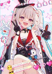  1girl black_choker black_gloves braid choker diamond_(shape) diamond_facial_mark double_v facial_mark gloves hat heart heart_facial_mark highres honkai:_star_rail honkai_(series) long_hair looking_at_viewer mini_hat mini_top_hat multicolored_hair nyanya open_mouth smile solo sparkle_(honkai:_star_rail) sparxie_(honkai:_star_rail) streaked_hair thumbs_up_emoji top_hat twintails v white_hair 