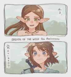  1boy 1girl bare_shoulders blue_eyes blue_tunic blush border brown_hair closed_mouth commentary_request copyright_name dress earrings gold_necklace green_eyes highres jewelry link long_hair maru_owl medium_hair necklace open_mouth parted_bangs pointy_ears princess_zelda sidelocks strapless strapless_dress sword sword_on_back the_legend_of_zelda the_legend_of_zelda:_breath_of_the_wild tunic upper_body weapon weapon_on_back white_border white_dress 