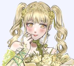  arm_ribbon arm_warmers bare_shoulders blonde_hair blue_background bouquet bow bow_choker bowtie brown_pupils choker clenched_hand closed_mouth commentary dot_nose drill_hair earrings english_commentary eyelashes floral_print flower flower_earrings flower_ring green_arm_warmers green_bow green_bowtie green_choker green_flower green_ribbon green_sleeves hair_flower hair_ornament hand_on_own_cheek hand_on_own_face highres holding holding_bouquet infinity_nikki jewelry lace-trimmed_bowtie lace-trimmed_choker lace_trim lipstick long_hair looking_at_viewer makeup nikki_(series) nonoberry22 pendant_earring plant pom_pom_(clothes) print_sleeves red_lips ribbon short_sleeves simple_background smile stylist_(nikki) twin_drills twintails vines white_flower wrist_flower yellow_eyes yellow_flower 