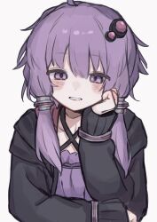  1girl ahoge arazan_(ara_arazan24) black_jacket blush_stickers bracelet criss-cross_halter dress elbow_rest grin hair_ornament hair_tubes half-closed_eyes halterneck hashtag-only_commentary hood hooded_jacket jacket jewelry long_sleeves looking_at_viewer low-tied_sidelocks metal_hair_tubes open_clothes open_jacket purple_dress purple_hair short_hair_with_long_locks sidelocks simple_background smile solo straight-on two-sided_fabric two-sided_jacket upper_body violet_eyes vocaloid voiceroid white_background yuzuki_yukari 