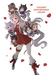  6+girls ahoge animal_ears aqua_bow armband bag beanie black_hair blue_eyes blunt_bangs blush boots bow bowtie breasts brown_eyes brown_hair brown_hat chibi closed_mouth dream_journey_(umamusume) dress ear_bow ear_covers ear_ribbon ears_through_headwear fenomeno_(umamusume) flipped_hair glasses gloves gold_ship_(red_strife)_(umamusume) gold_ship_(umamusume) grey_hair grey_hat hair_between_eyes happy_birthday hat highres horse_ears horse_girl horse_tail long_hair medium_breasts mejiro_mcqueen_(umamusume) multicolored_hair multiple_girls nakayama_festa_(umamusume) open_mouth orange_hair orfevre_(umamusume) pantyhose peaked_cap petals pillbox_hat pleated_skirt puffy_short_sleeves puffy_sleeves purple_bow purple_bowtie purple_hair purple_shirt red_bow red_bowtie red_dress sailor_collar sailor_shirt school_uniform shirt shiruko_(oshiruko) short_sleeves single_ear_cover skirt sleeveless sleeveless_dress smile stay_gold_(umamusume) stay_gold_clan_(umamusume) streaked_hair striped_armband striped_clothes striped_hat tail thigh-highs tracen_school_uniform two-tone_hair umamusume violet_eyes white_boots white_gloves white_hair white_pantyhose white_sailor_collar white_skirt white_thighhighs 