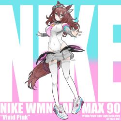  1girl absurdres ahoge animal_ears bambi_surprise bare_shoulders blue_eyes blue_shoes breasts brown_hair commentary_request covered_navel detached_sleeves full_body grey_hairband grey_skirt grey_sleeves hairband highres horse_ears horse_girl horse_tail leotard long_hair looking_at_viewer medium_breasts mihono_bourbon_(mb-19890425)_(umamusume) mihono_bourbon_(umamusume) multicolored_shoes necktie nike_(company) pink_necktie pink_shoes shoes signature skirt sneakers solo tail thigh-highs umamusume white_leotard white_shoes white_thighhighs 