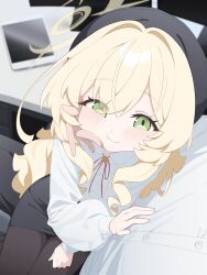  1boy 1girl absurdres black_pantyhose blonde_hair blue_archive blush bolo_tie collared_shirt commentary commentary_request desk green_eyes halo hand_on_another's_cheek hand_on_another's_chest hand_on_another's_face hat highres honi_(honi1010) long_sleeves monitor pantyhose pencil_skirt professor_niyaniya_(blue_archive) professor_niyaniya_(teacher)_(blue_archive) rounded_collar sensei_(blue_archive) shirt sitting sitting_on_lap sitting_on_person skirt smile tablet_pc white_shirt 