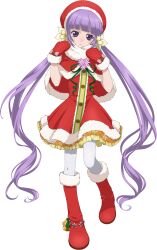  1girl arms_up artist_request boots capelet christmas dress flower full_body fur-trimmed_boots fur-trimmed_capelet fur-trimmed_dress fur-trimmed_headwear fur_trim game_cg hair_flower hair_ornament hat highres long_hair looking_at_viewer mittens official_alternate_costume official_art pantyhose pink_lips purple_hair red_boots red_capelet red_dress red_mittens santa_costume santa_hat solo sophie_(christmas)_(tales) sophie_(tales) standing tales_of_(series) tales_of_asteria tales_of_graces teeth third-party_source transparent_background twintails very_long_hair violet_eyes white_flower white_pantyhose 