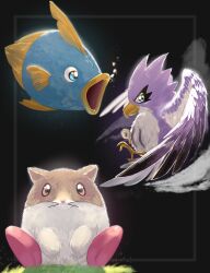  3boys bird blush_stickers coo_(kirby) fish furry highres kine_(kirby) kirby's_dream_land_2 kirby_(series) multiple_boys no_humans open_mouth rick_(kirby) smile tagme wings zakobenki 