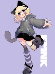  1girl 2000s_(style) :d animal_ear_fluff animal_hat bandaid bandaid_on_leg black_hat black_nails black_shoes black_skirt black_thighhighs blonde_hair blush cat_hat commentary_request double-parted_bangs faux_retro_artstyle fishnet_thighhighs fishnets full_body grey_hoodie hair_between_eyes hair_ornament hat highres hood hood_down hoodie kmnk_(kumanuko) leg_up leg_warmers long_sleeves nail_polish open_mouth original outstretched_arm purple_background shoes short_hair simple_background skirt smile solo standing standing_on_one_leg star_(symbol) star_hair_ornament striped_leg_warmers thigh-highs violet_eyes 
