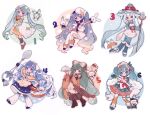  6+girls aiming_at_viewer animal ankle_cuffs apron aqua_kimono argyle argyle_pantyhose argyle_sleeves arm_up baguette basket bell black_socks blue_bow blue_bowtie blue_capelet blue_eyes blue_hair blue_hood blue_mittens blue_skirt blunt_bangs boots borrowed_design bow bowtie braid bread brown_footwear brown_kimono butter capelet checkered_clothes checkered_kimono cheese cheese_wheel chef_hat commentary cross-laced_footwear dot_mouth double_bun dress earmuffs fake_horns fondue food food-themed_hair_ornament food_on_face foreshortening fork fork_hair_ornament frilled_apron frills full_body fur-trimmed_capelet fur_trim gradient_hair green_hair green_hood green_ribbon green_skirt hair_bow hair_bun hair_ornament hairclip hat hatsune_miku highres holding holding_basket holding_food holding_ice_cream holding_ladle holding_spoon holding_spring_onion holding_staff holding_tray holding_vegetable hood hood_up hoop_skirt horns ice_cream_cone ichimegasa ikura_(food) in_basket jacket japanese_clothes kappougi kimono kneehighs lace-up_boots ladle large_hat light_blue_hair long_hair melon_ball melting multicolored_hair multiple_girls multiple_persona neck_bell necktie nori_(seaweed) numbered obi onigiri open_mouth orange_capelet orange_hair orange_skirt orange_thighhighs outstretched_arm oversized_object pantyhose picnic_basket pom_pom_(clothes) puffy_sleeves quilted_clothes rabbit rabbit_yukine red_bow red_ribbon ribbon rice rice_(plant) rice_on_face sandals sandogasa sash scallop serving_dome shiro_(a923808254) skirt smile snowflake_ornament snowflake_print socks spoon spoon_hair_ornament spring_onion staff streaked_hair striped striped_skirt striped_sleeves striped_socks swiss_cheese thigh-highs tray twintails vegetable vertical-striped_socks vertical_stripes very_long_hair vocaloid waffle_cone wavy_hair white_apron white_background white_bow white_dress white_headwear white_jacket white_pantyhose white_ribbon wide_sleeves yellow_capelet yuki_miku yuki_miku_(2024) 