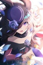  1girl animal_ears bare_shoulders blue_dress blue_flower blue_hat blue_rose blush breasts brown_hair commentary_request dagger dress flipped_hair flower fur_choker gelato1030 hair_over_one_eye hat hat_flower highres holding holding_dagger holding_knife holding_weapon horse_ears horse_girl knife long_hair long_sleeves looking_at_viewer off-shoulder_dress off_shoulder open_mouth petals rice_shower_(rosy_dreams)_(umamusume) rice_shower_(umamusume) rose running small_breasts solo tilted_headwear umamusume violet_eyes weapon 