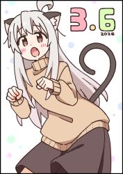 1girl :o ahoge animal_ear_fluff animal_ears blush_stickers brown_eyes brown_skirt brown_sweater cat_ears cat_girl cat_tail commentary_request dated fang grey_hair kemonomimi_mode long_hair long_sleeves nekotoufu onii-chan_wa_oshimai! open_mouth oyama_mahiro paw_pose puffy_long_sleeves puffy_sleeves skirt solo sweater tail turtleneck turtleneck_sweater very_long_hair white_background 