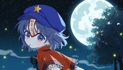  1girl blue_hat blush commentary_request fafa full_moon hat hat_ornament highres jiangshi lace-trimmed_sleeves lace_trim looking_at_viewer miyako_yoshika moon night ofuda open_mouth purple_hair red_shirt shirt short_sleeves solo star_(sky) star_(symbol) star_hat_ornament touhou violet_eyes 