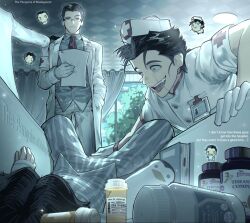  4boys armband black_gloves black_hair blue_eyes book chibi closed_mouth coat collared_shirt copyright_name cross curtains doctor english_text glasses gloves grey_shirt hand_in_pocket hand_on_another's_shoulder hashtag-only_commentary hat holding holding_paper id_card indoors kowalski_(madagascar) lab_coat light_particles long_sleeves lying male_focus multiple_boys necktie nurse nurse_cap obodyn46497 on_back open_clothes open_coat open_mouth out_of_frame pajamas pants paper parted_hair personification pill_bottle private_(madagascar) red_cross red_necktie rico_(madagascar) scar scar_on_face scar_on_mouth shirt short_hair short_sleeves skipper_(madagascar) smile striped_clothes striped_pants striped_shirt stuffed_animal stuffed_penguin stuffed_toy the_penguins_of_madagascar tongue very_short_hair white_coat white_gloves white_pants white_shirt window 