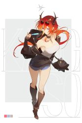  1girl absurdres alternate_costume arknights arknights:_endfield bare_shoulders black_choker black_jacket blue_shorts boots breasts brown_boots camisole choker commentary_request demon_girl demon_horns eyewear_on_head food full_body highres holding holding_food holding_popsicle hood hood_down hooded_jacket horns jacket laevatain_(arknights) long_hair looking_at_viewer medium_breasts munosuke partially_open_jacket ponytail popsicle red_hair shorts solo standing sunglasses surtr_(arknights) violet_eyes white_camisole 