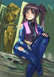  1girl absurdres aleste armor blue_eyes bodysuit breasts brown_hair closed_mouth commentary_request dennin_aleste full_body highres koguma_hiroki lips long_hair mecha power_armor robot solo torn_bodysuit torn_clothes 