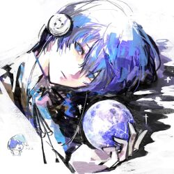  1boy black_jacket blue_hair closed_mouth collared_shirt commentary_request doodle_inset gekkoukan_high_school_uniform gou_tou21081 headphones highres holding jacket looking_at_viewer male_focus moon persona persona_3 school_uniform shirt short_hair solo white_background white_shirt wing_collar yuuki_makoto_(persona_3) 