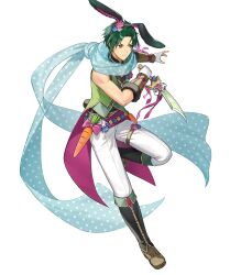  1boy animal_ears attack belt black_boots black_hairband black_pants black_shirt blue_scarf boots carrot commentary_request dagger easter_egg egg fake_animal_ears fighting_stance fingerless_gloves fire_emblem fire_emblem:_path_of_radiance fire_emblem:_radiant_dawn fire_emblem_heroes gloves green_hair green_jacket green_vest hairband highres holding holding_dagger holding_knife holding_weapon jacket knife non-web_source official_alternate_costume official_art pants rabbit_ears scarf shirt sleeveless solo sothe_(fire_emblem) sothe_(in_the_breeze)_(fire_emblem) tsunakawa vest weapon white_gloves yellow_eyes 