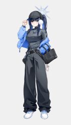  1girl absurdres alternate_costume alternate_hairstyle bag baggy_pants baseball_cap belt black_bag black_belt black_hair black_hat black_pants black_sweater blue_archive blue_hair blue_halo blue_jacket blush breasts character_charm charm_(object) colored_inner_hair commentary dakkgae_01 doodle_sensei_(blue_archive) earmuffs full_body grey_eyes halo hand_in_pocket hand_on_own_hat hand_up hat highres holding holding_bag jacket jacket_partially_removed jewelry large_breasts long_hair long_sidelocks looking_at_viewer loose_belt multicolored_hair necklace no_mask open_clothes open_jacket pants parted_lips ponytail saori_(blue_archive) sensei_(blue_archive) shoes sidelocks simple_background sneakers solo standing sweater turtleneck turtleneck_sweater untranslatable_commentary white_background white_shoes 