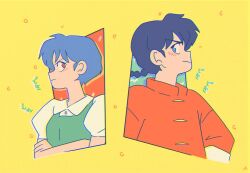  1boy 1girl black_hair blue_eyes blue_hair braid closed_mouth crossed_arms from_side frown fuurinkan_high_school_uniform isabel_(chabeescalante) ranma_1/2 red_eyes saotome_ranma school_uniform short_hair single_braid spanish_commentary tendou_akane yellow_background 
