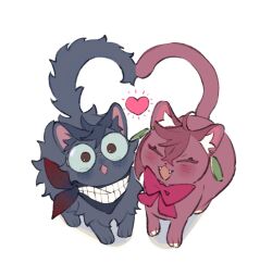  animal_earrings animalization ayase_momo black_hair black_neckerchief blush bow bowtie brown_eyes brown_hair cat closed_eyes comimingming commentary_request crossed_bangs dandadan full_body glasses hair_between_eyes heart_tail_duo highres korean_commentary neckerchief no_humans open_mouth red_bow red_bowtie round_eyewear smile takakura_ken_(dandadan) teeth white_background 