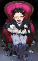  1boy black_background black_hair black_kimono button_eyes buttons chair character_doll commentary_request doll fangs fushiguro_touji gojou_satoru gradient_background hakama hakama_pants highres holding holding_doll hugging_doll hugging_object japanese_clothes jujutsu_kaisen kimono long_sleeves looking_at_viewer male_focus mumei0096 no_shoes on_chair open_mouth pants shirt shirt_under_kimono short_hair simple_background smile solo stuffed_toy tongue tongue_out yellow_eyes zen'in_naoya 