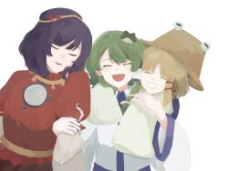  3girls blonde_hair brown_hat closed_eyes commentary_request detached_sleeves facing_viewer family_bonding frog_hair_ornament green_hair hair_ornament hair_ribbon hair_tubes hat highres hug hug_from_behind kochiya_sanae layered_sleeves long_hair long_sleeves mirror moriya_family_(touhou) moriya_suwako multiple_girls open_mouth purple_hair purple_vest ribbon rope short_over_long_sleeves short_sleeves simple_background single_hair_tube smile snake_hair_ornament tktkhappymchyru touhou tress_ribbon vest white_background yasaka_kanako 