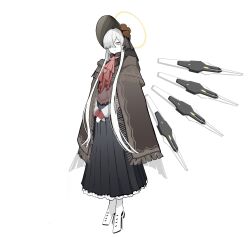  1girl absurdres alternate_costume amagasa_mike android ascot black_hat black_skirt bloodborne blue_archive brown_cloak brown_shirt cloak closed_mouth colored_skin commentary cosplay gothic_lolita grey_hair hair_over_one_eye halo hat high_heels highres lolita_fashion long_hair long_skirt looking_at_viewer malkuth_(blue_archive) plain_doll plain_doll_(cosplay) pleated_skirt red_ascot shirt shoes skirt smile solo white_shoes white_skin white_sleeves yellow_eyes yellow_halo 