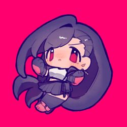  1girl black_gloves black_skirt black_thighhighs blush blym7oym7759061 boots breasts chibi chibi_only clenched_hands commentary crop_top earrings final_fantasy final_fantasy_vii final_fantasy_vii_remake full_body gloves hair_behind_ear highres jewelry looking_at_viewer medium_breasts midriff_peek miniskirt navel parted_lips red_background red_boots red_eyes single_arm_guard skirt solo swept_bangs tank_top teardrop_earrings thigh-highs tifa_lockhart untranslatable_commentary v-shaped_eyebrows white_tank_top zettai_ryouiki 