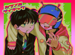  2boys black_hair blue_eyes candy collared_shirt commentary_request food helmet highres holding holding_candy holding_food holding_lollipop hood hood_down hooded_jacket jacket lollipop lollipop_in_mouth long_sleeves looking_at_another male_focus menma_(enaic31) multiple_boys open_clothes open_jacket open_mouth original parted_lips school_uniform shirt short_hair teeth tongue tongue_out upper_teeth_only white_jacket 