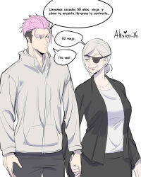  1boy 1girl highres holding_hands hood hooded_jacket itadori_yuuji jacket jujutsu_kaisen jujutsu_kaisen_modulo kugisaki_nobara old old_woman pink_hair spanish_text speech_bubble tall_male thecooleralexico undercut 